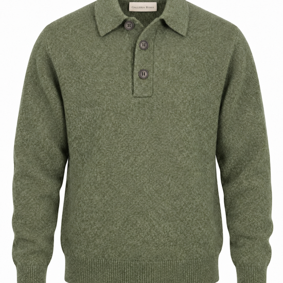 Galleria Roma Military Green Senecio Mélange polo PL3ML WC7R 5751 met drie donkere knopen en wol-cashmerebreisel, packshot