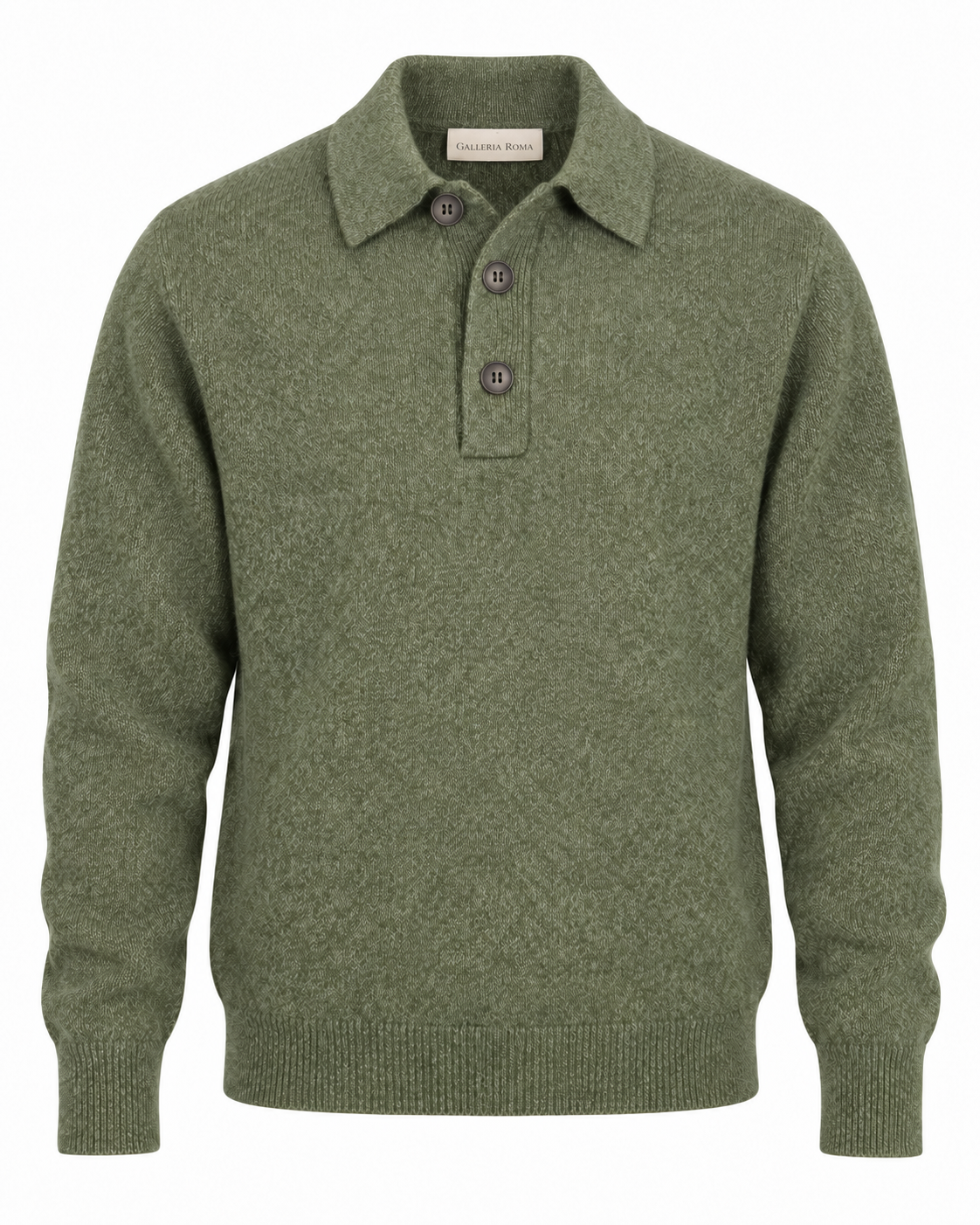 Galleria Roma Military Green Senecio Mélange polo PL3ML WC7R 5751 met drie donkere knopen en wol-cashmerebreisel, packshot