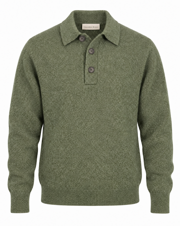 Galleria Roma Military Green Senecio Mélange polo PL3ML WC7R 5751 met drie donkere knopen en wol-cashmerebreisel, packshot