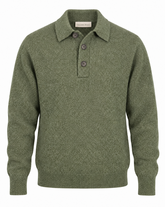 Galleria Roma Military Green Senecio Mélange polo PL3ML WC7R 5751 met drie donkere knopen en wol-cashmerebreisel, packshot