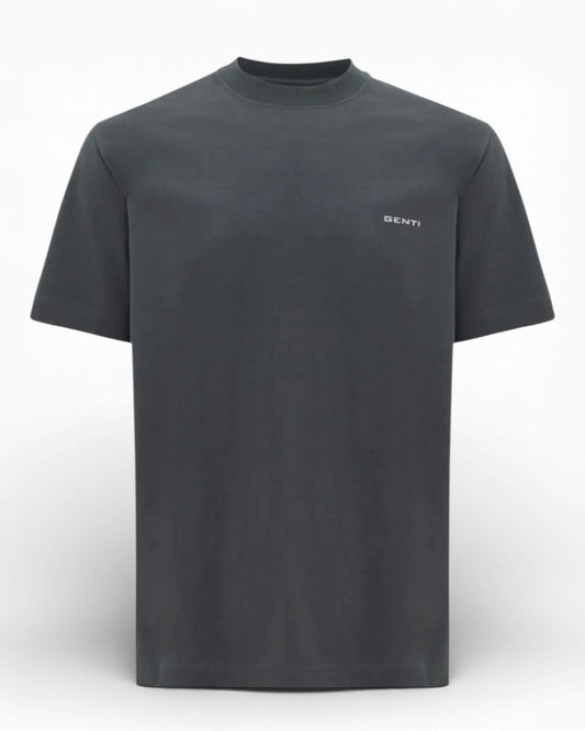Genti antraciet T-shirt met omlijnde landschapsprint, productfoto vooraanzicht