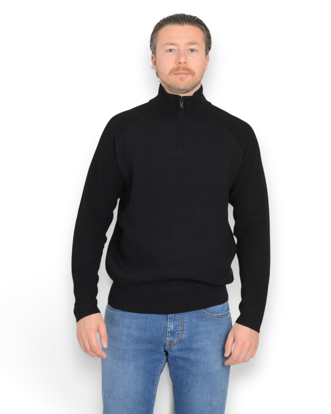 Genti Cotton Turtle Zip Raglan Black, vooraanzicht