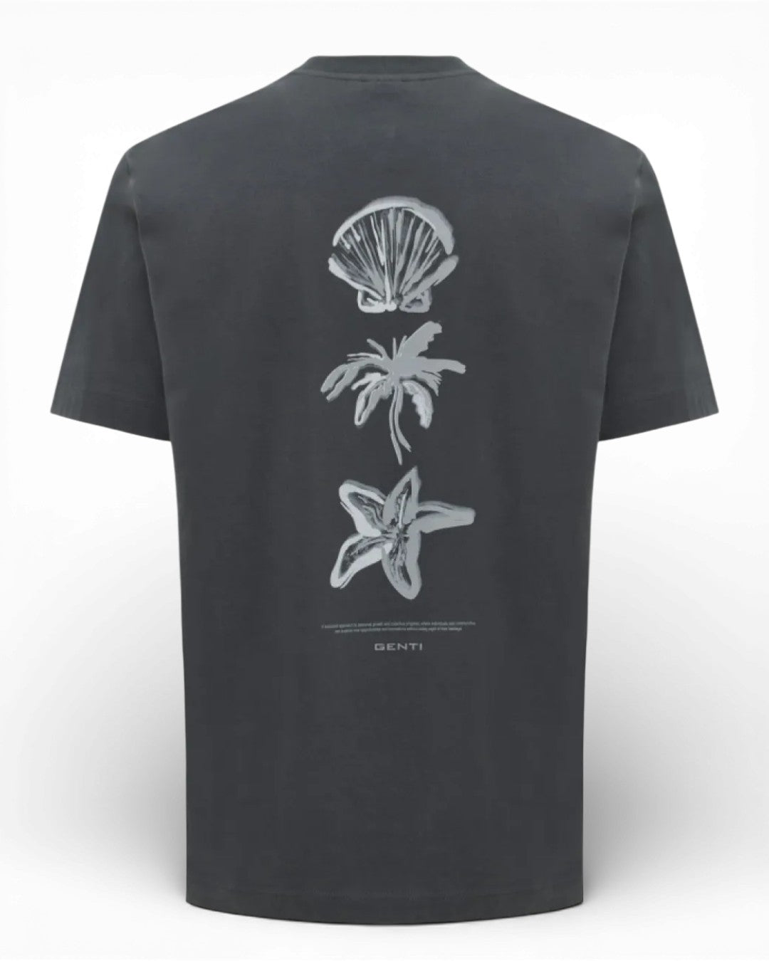 Genti antraciet T-shirt met schelp- palm- en bloemenprint, productfoto achteraanzicht met rugprint