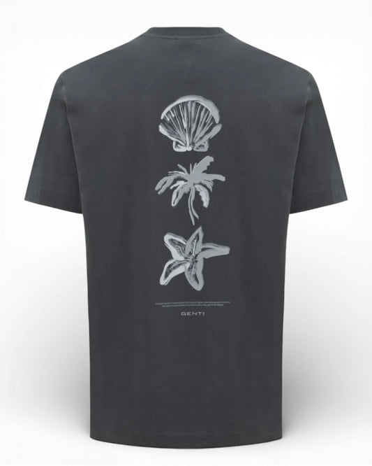 Genti antraciet T-shirt met schelp- palm- en bloemenprint, productfoto achteraanzicht met rugprint