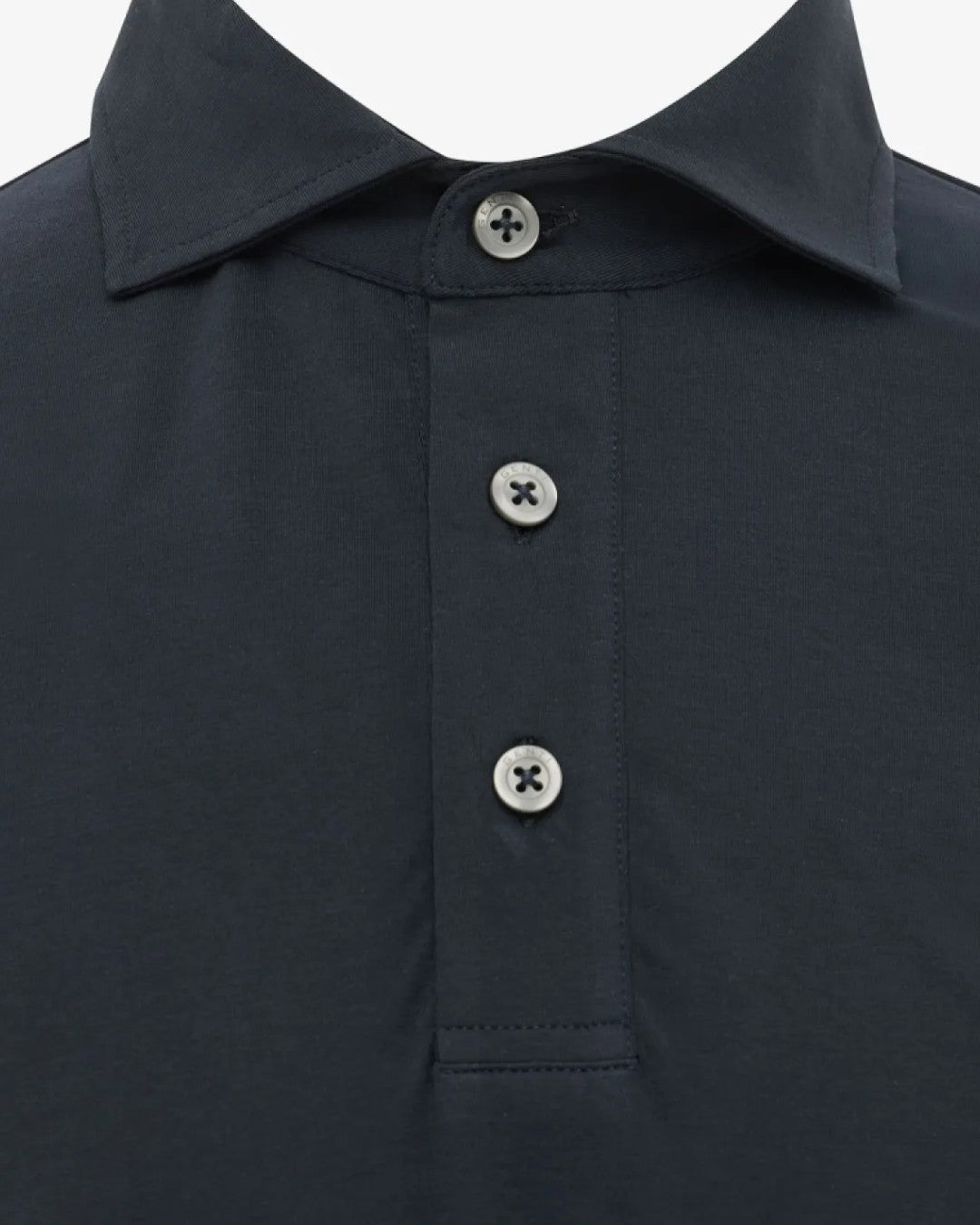 Genti donkerblauwe jersey polo, detail kraag en knopen
