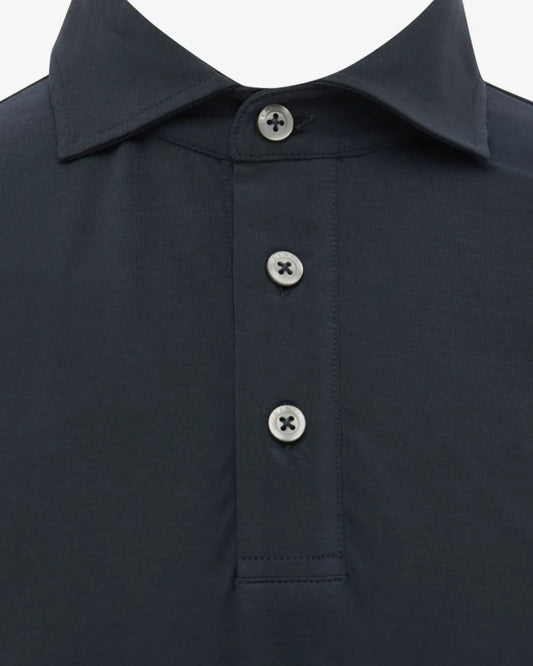 Genti donkerblauwe jersey polo, detail kraag en knopen