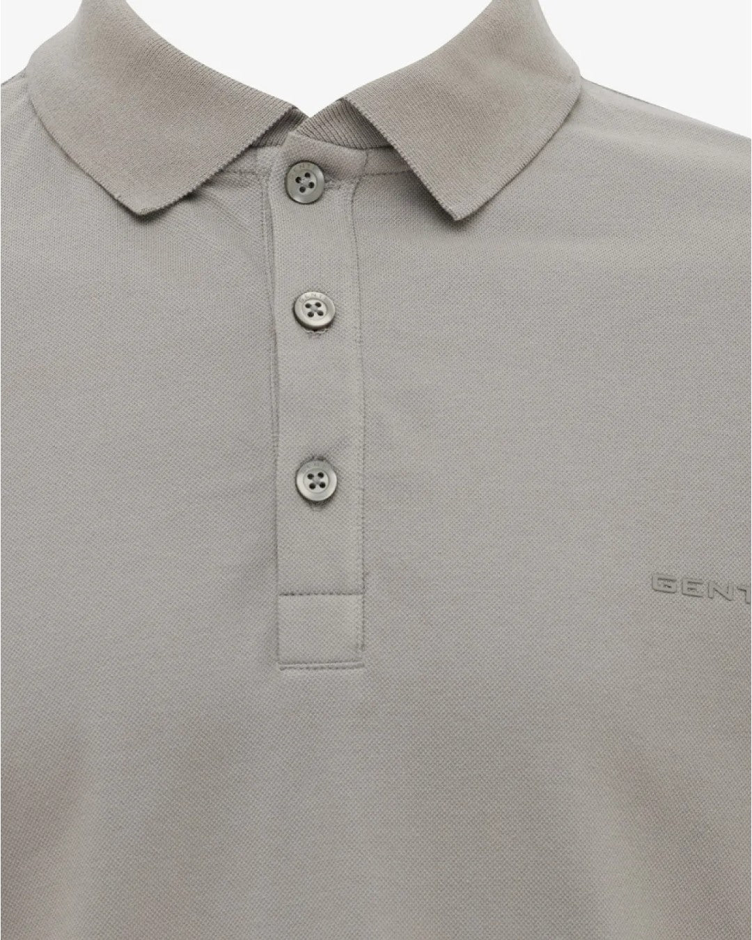 Genti taupebruine piquépolo, detail kraag knopen en logo