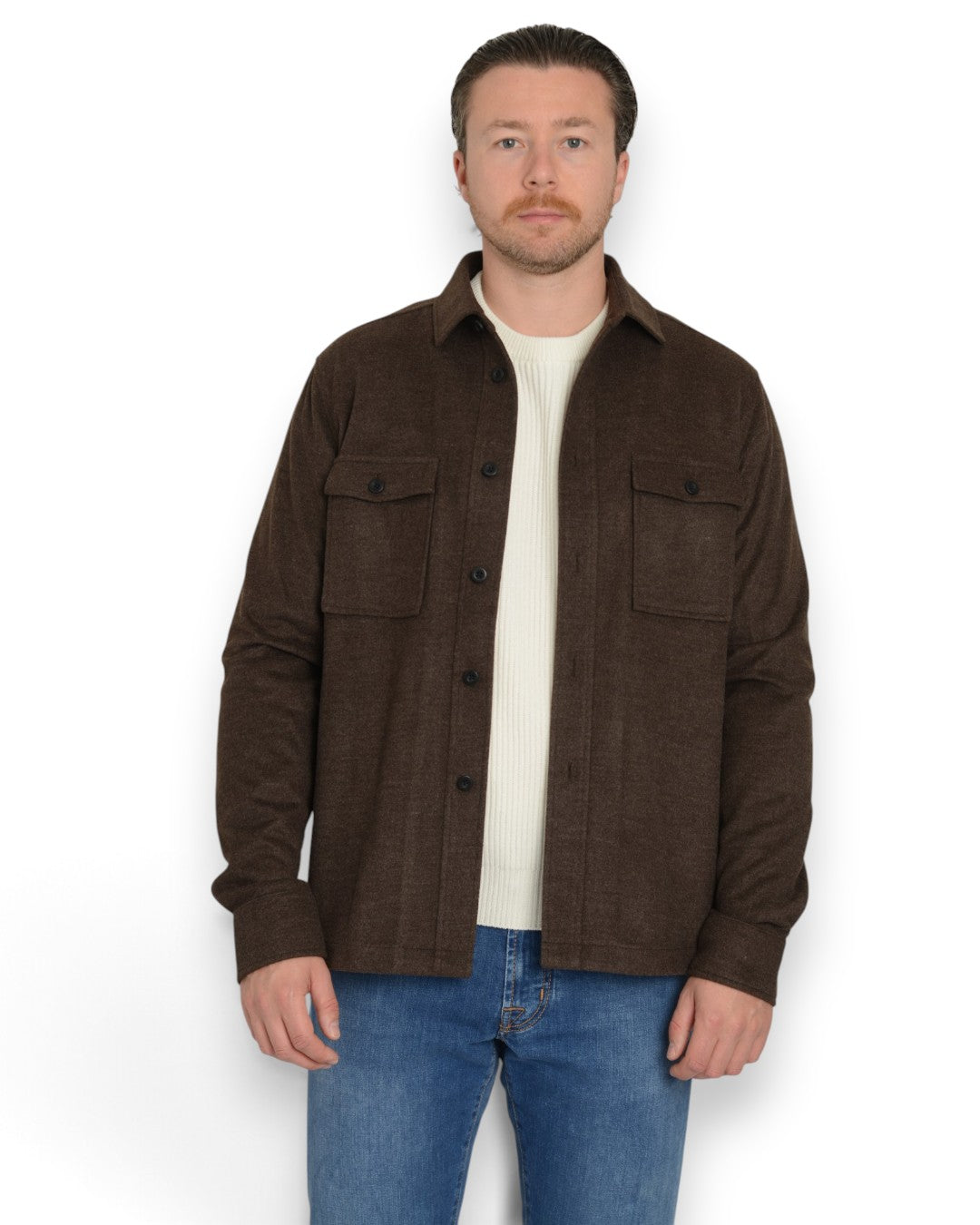 Genti donkerbruin Midtown overshirt, gedragen vooraanzicht open
