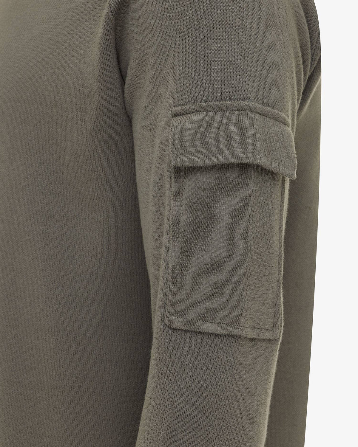 Genti groene trui met mouwzak, detail mouwzak