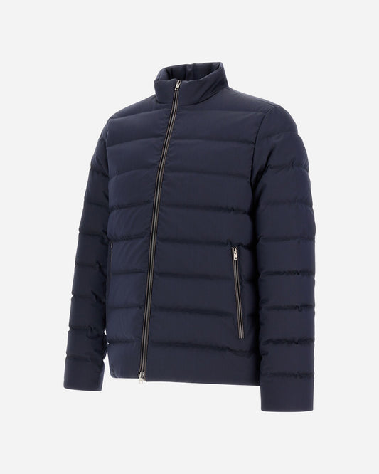 Herno Polished Smooth Wool blauwe bomberjas, schuin van voren