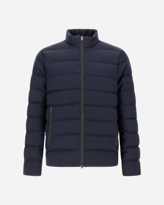 Herno Polished Smooth Wool blauwe bomberjas, van voren