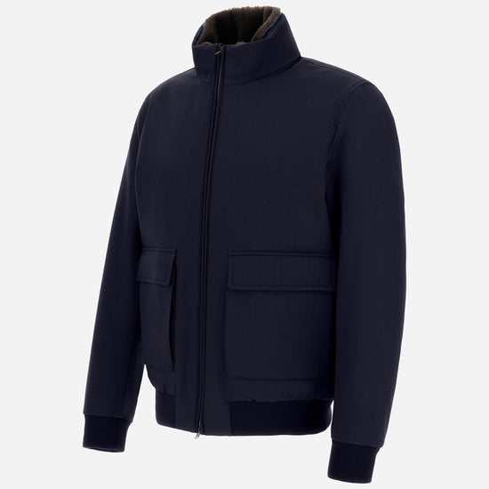 Herno Woolen Melange Twill donkerblauwe bomberjas, schuin van voren