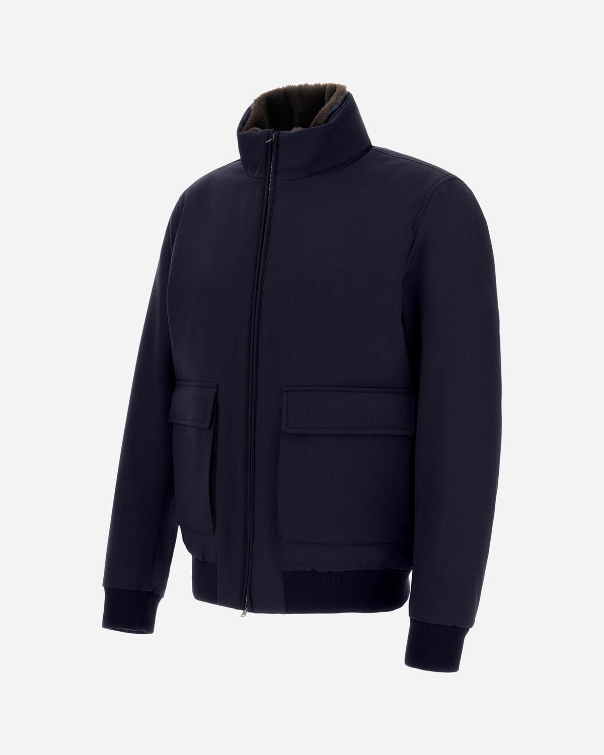 Herno Woolen Melange Twill donkerblauwe bomberjas, schuin van voren