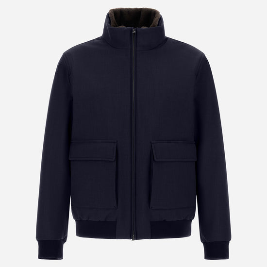Herno Woolen Melange Twill donkerblauwe bomberjas, van voren