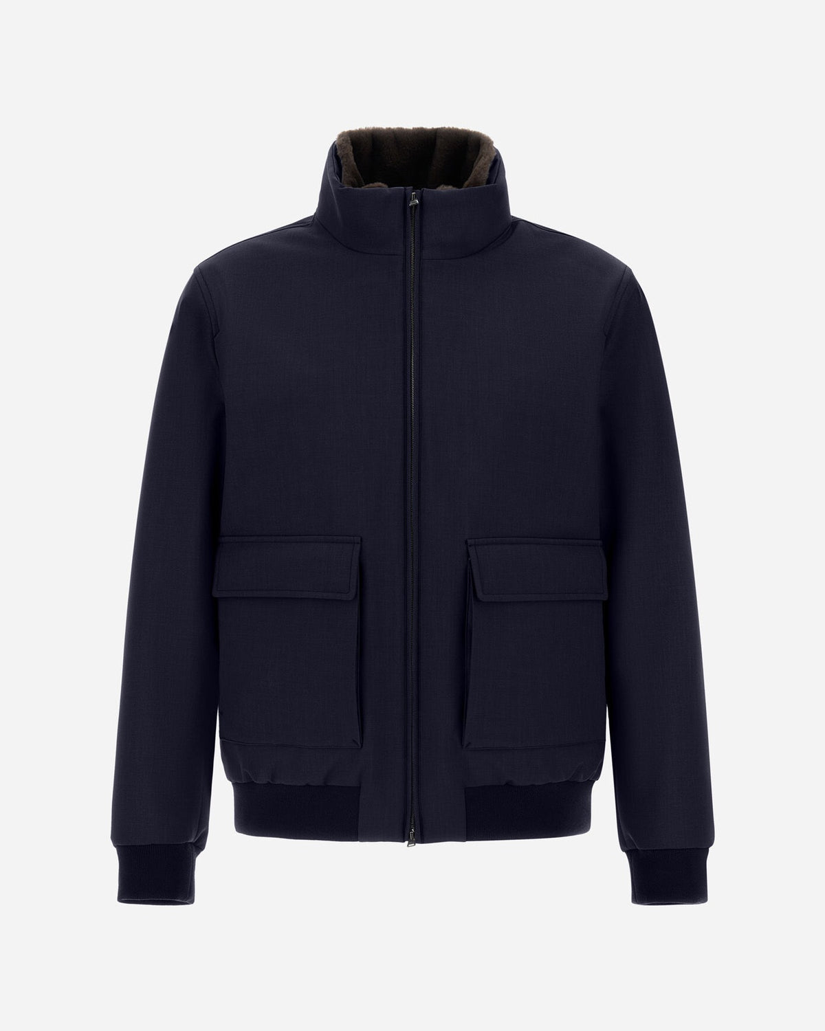 Herno Woolen Melange Twill donkerblauwe bomberjas, van voren