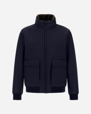 Herno Woolen Melange Twill donkerblauwe bomberjas, van voren