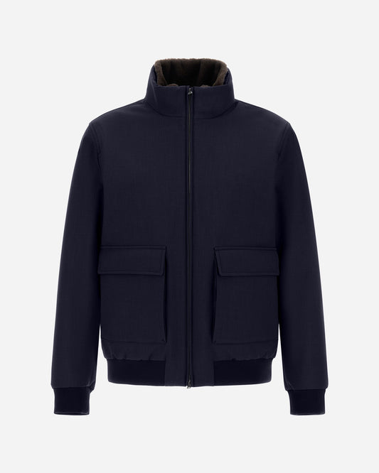 Herno Woolen Melange Twill donkerblauwe bomberjas, van voren