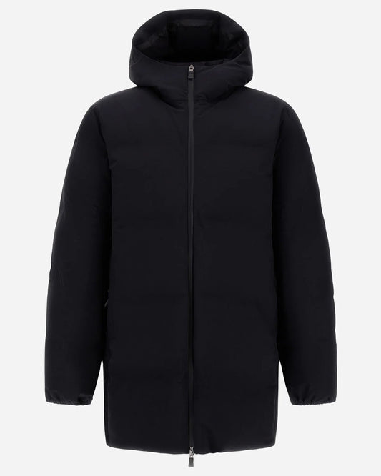 Herno New Impact lange zwarte jas met capuchon, van voren