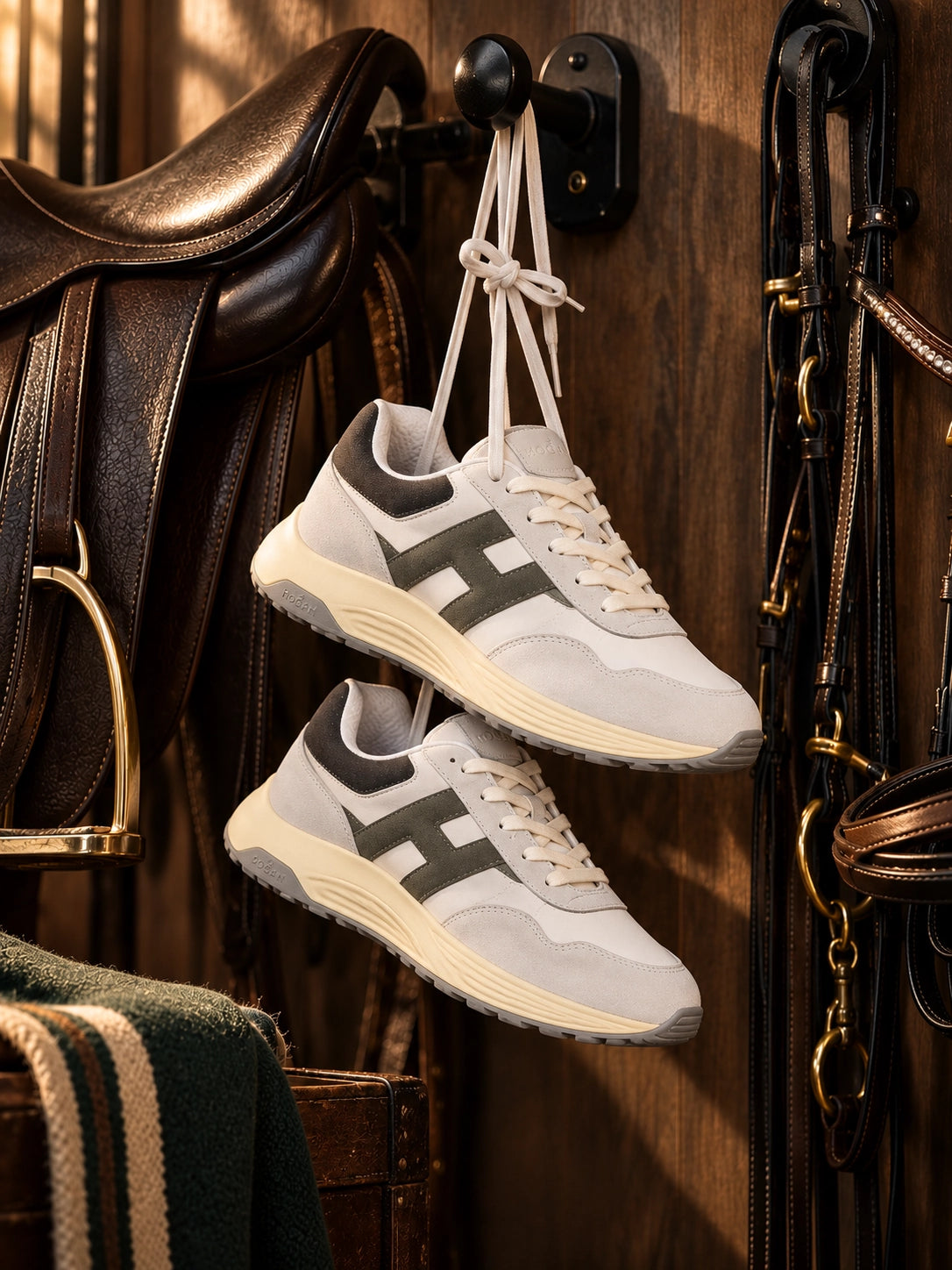 Hogan Hyperlight sneakers in lichte kleuren aan een zadel in de stallen van Begijnhoeve.