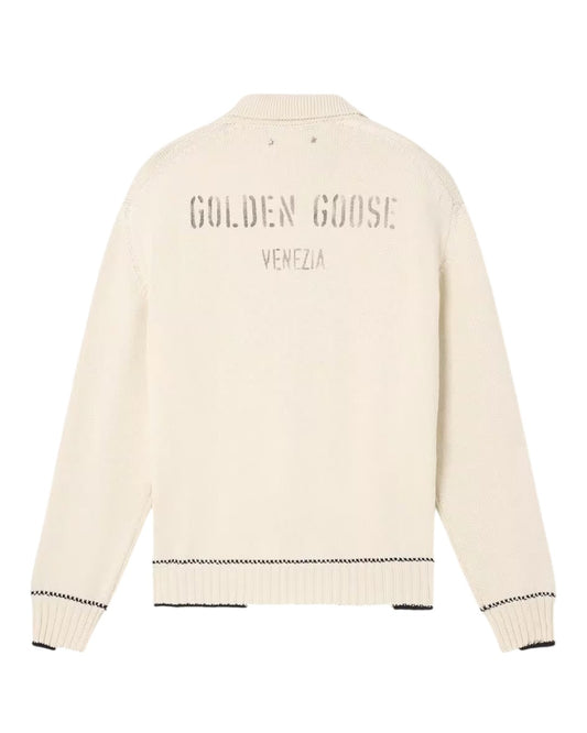Golden Goose Rindley knit polo in wit met lange mouwen en contrasterende ribboorden – Checkpoint Mol