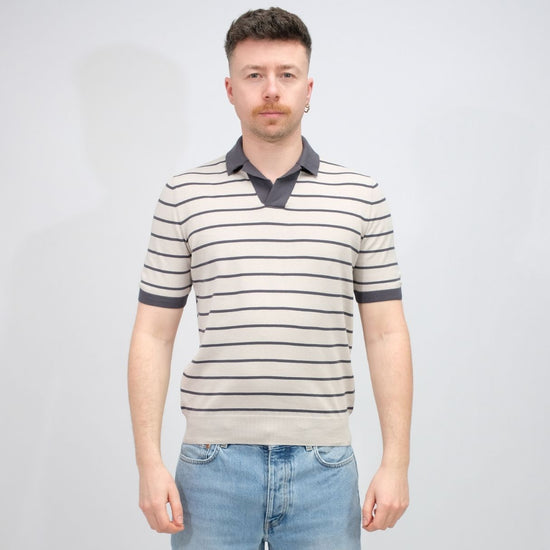 La Fileria Knitted Skipper Polo Greasy Blue Wide Stripe – vooraanzicht