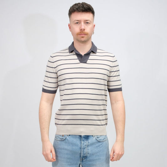 La Fileria Knitted Skipper Polo Greasy Blue Wide Stripe – vooraanzicht