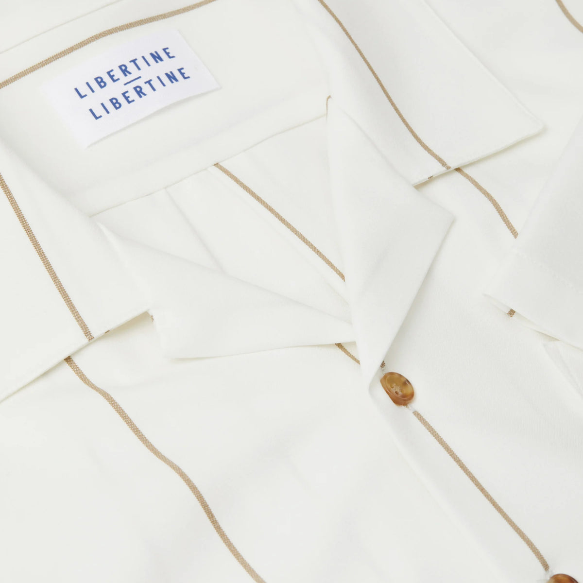 Libertine-Libertine Cave gestreept hemd White Khaki – detail van kraag en strepen
