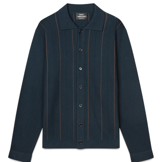 Mads Nørgaard Classy Brando Polo LS Knit Blue Green Stripe – vooraanzicht