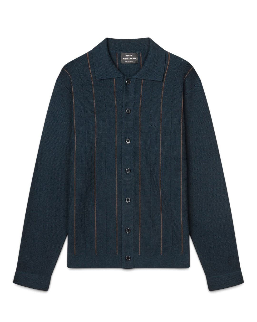 Mads Nørgaard Classy Brando Polo LS Knit Blue Green Stripe – vooraanzicht