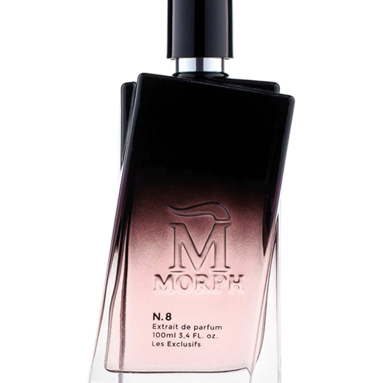 Morph N.8 100 ml — donkere flacon op zwarte achtergrond