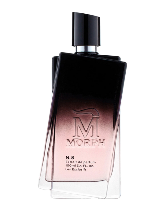 Morph N.8 100 ml — donkere flacon op zwarte achtergrond