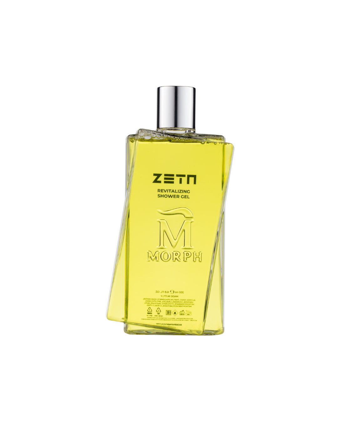 Morph Zeta Shower Gel 200 ml — gele douchegelflacon met zilverkleurige dop