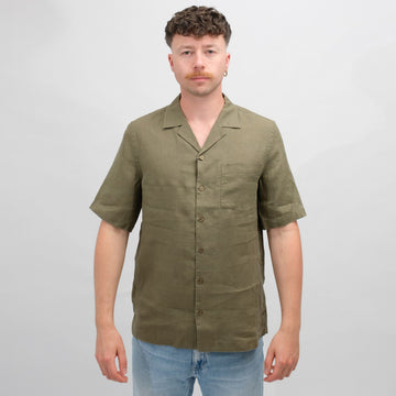 Mos Mosh Foss Olive Theo Linen Cuban Shirt – vooraanzicht