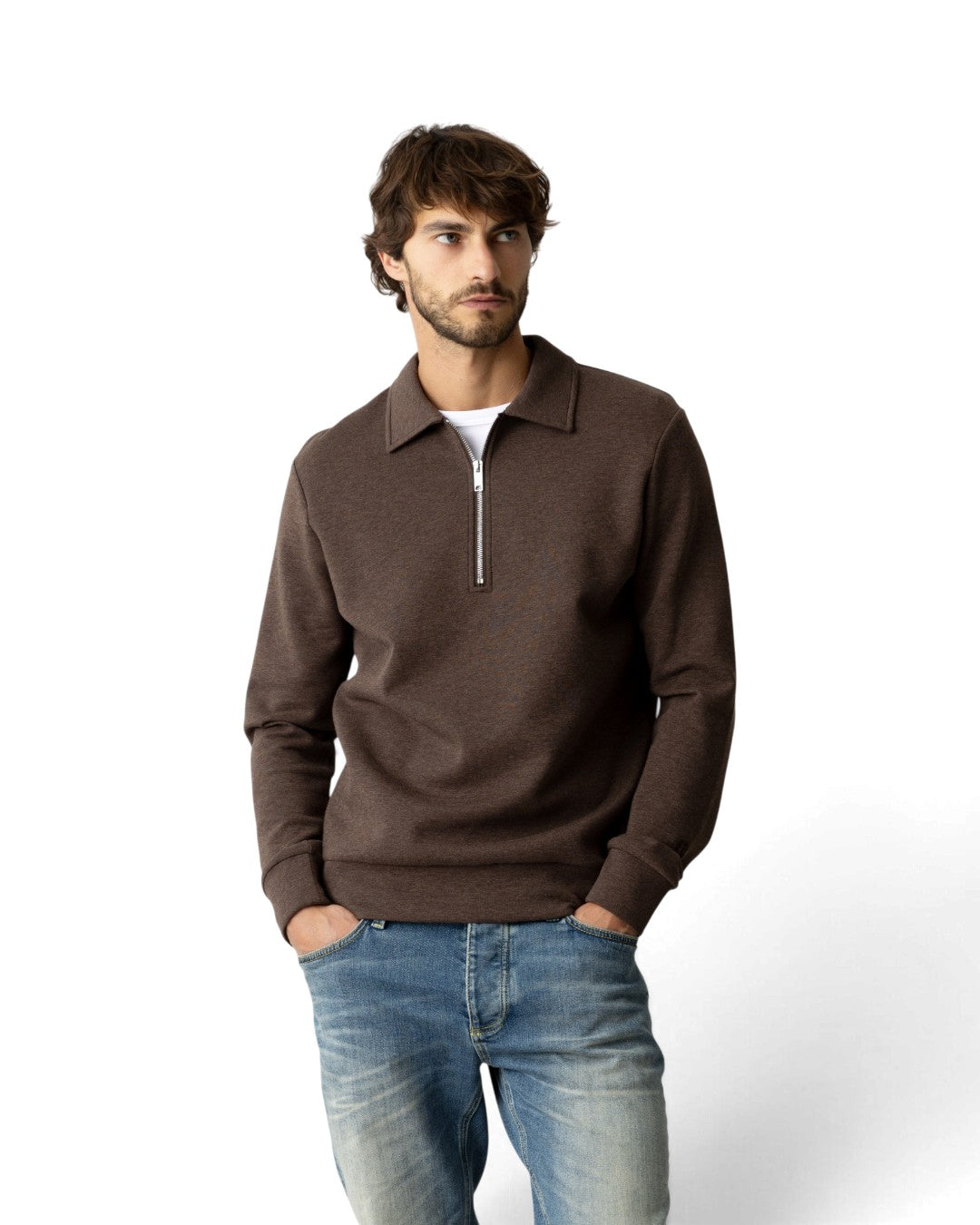 MOS MOSH MMGAbel Half Zip Polo Trui Chocolate Brown Melange beeld 2