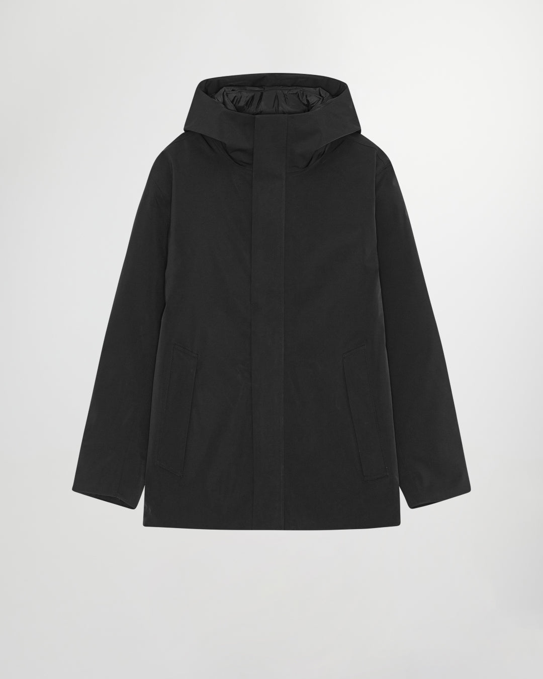 NN.07 Blake zwarte winddichte trenchcoat met kap, productfoto vooraanzicht