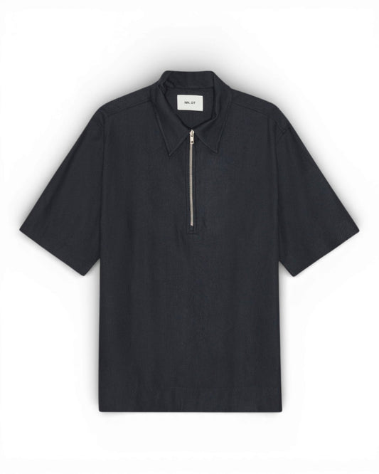 Deep Navy Bruno Linen Blend Half Zip Polo