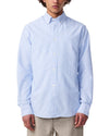 NN.07 Colby blauw gestreept hemd, gedragen detail vooraanzicht