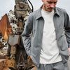NN.07 Ivan grijs gestreept overshirt, gedragen detail vooraanzicht