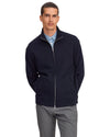 NN.07 Boiled 6398 merinowollen overshirt in Navy Blue op model, gedragen over een lichtblauw hemd.