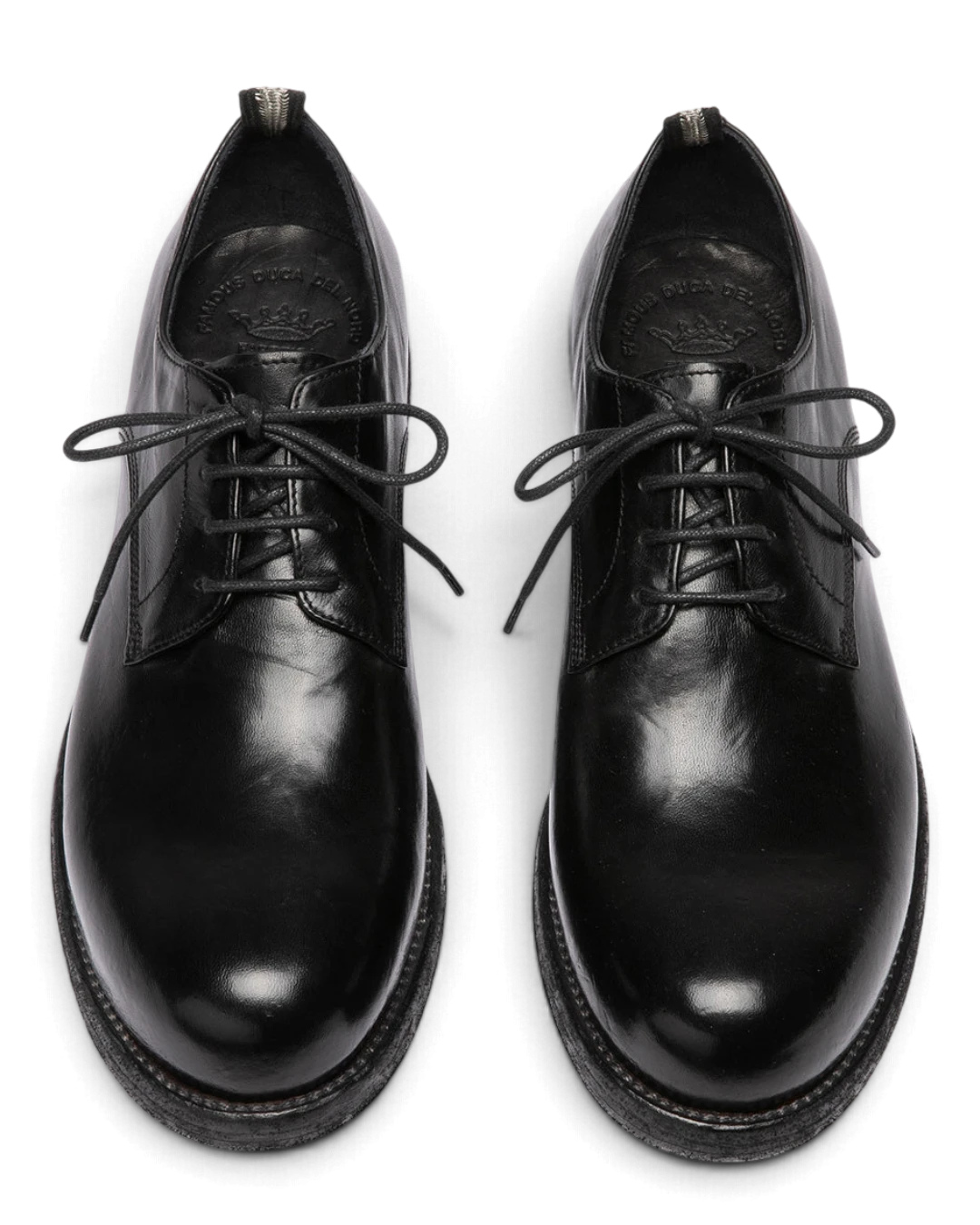 Paar Officine Creative Bulla DD 101 zwarte leren derby's van boven