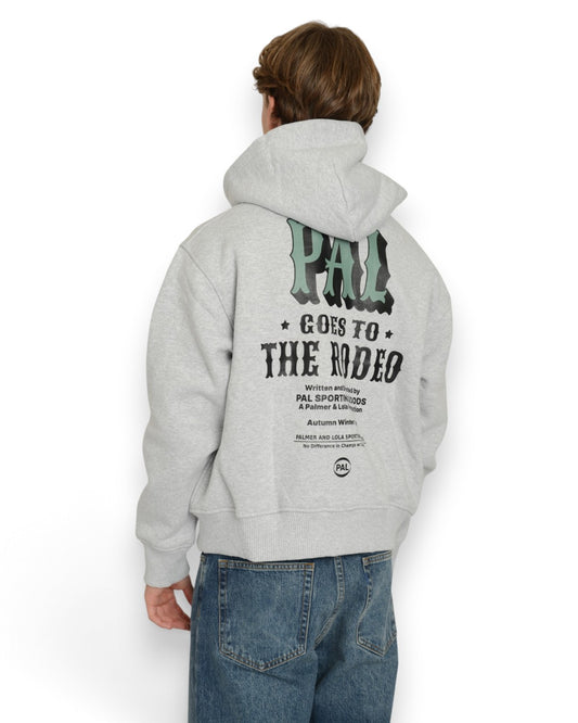 PAL Sporting Goods Ernest Full Zip in Light Grey Marl, gedragen achteraanzicht met capuchon en grote PAL-print op de rug.