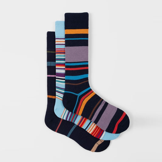 Paul Smith blauwe sokken met multicolour strepen, drie paar overzicht