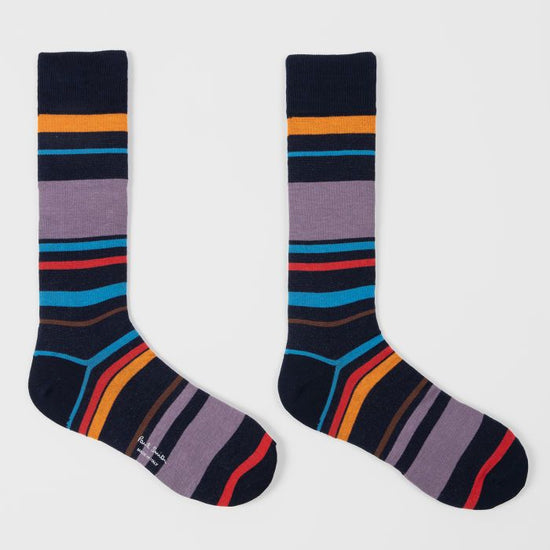 Paul Smith blauwe sokken met multicolour strepen, navy paar brede strepen