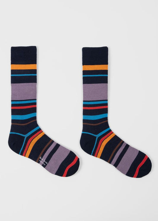 Paul Smith blauwe sokken met multicolour strepen, navy paar brede strepen