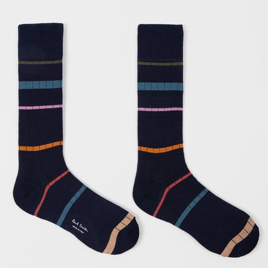 Paul Smith blauwe sokken met multicolour strepen, navy paar smalle strepen