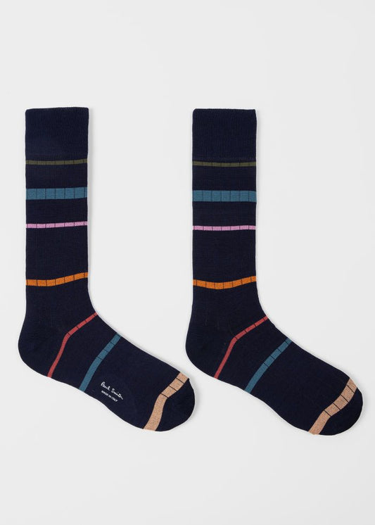 Paul Smith blauwe sokken met multicolour strepen, navy paar smalle strepen