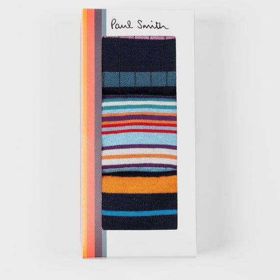 Paul Smith blauwe sokken met multicolour strepen, verpakking