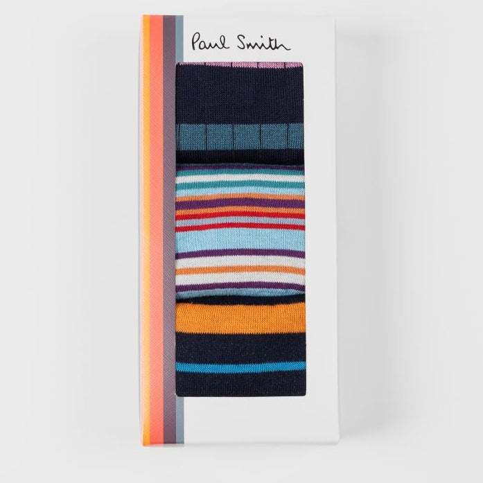 Paul Smith blauwe sokken met multicolour strepen, verpakking