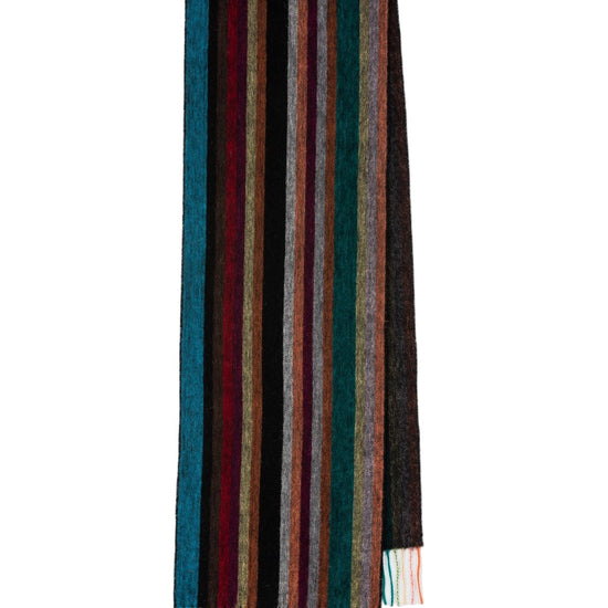 Paul Smith Allover Stripe sjaal met blauwe, bordeaux en warme strepen, volledig afgebeeld