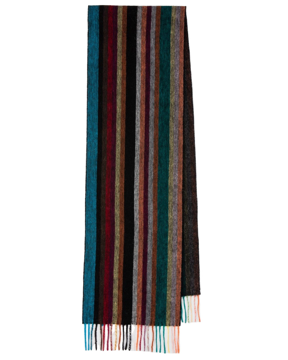 Paul Smith Allover Stripe sjaal met blauwe, bordeaux en warme strepen, volledig afgebeeld